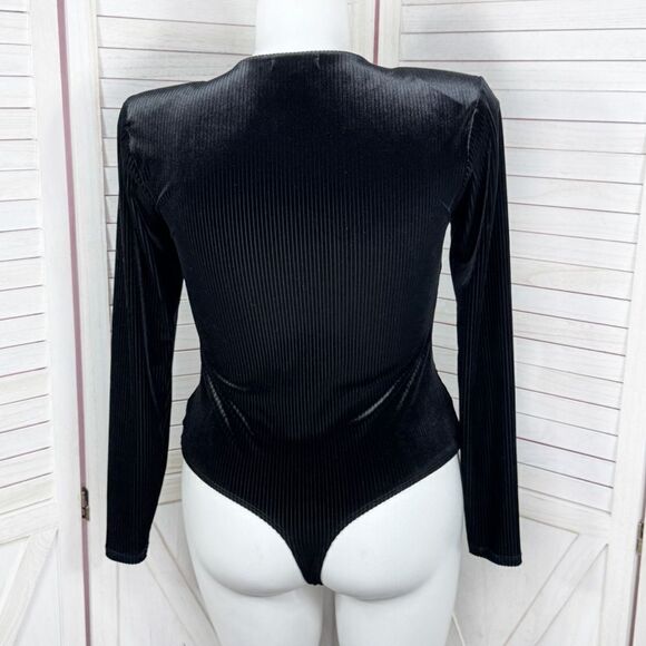 Good American All Day Ribbed Velvet Deep V Neck Bodysuit Black 4 XL - Picture 5 of 16